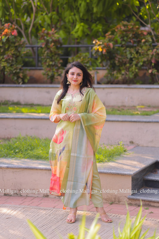 Rainbow Silk Slub salwar suit - Light Green