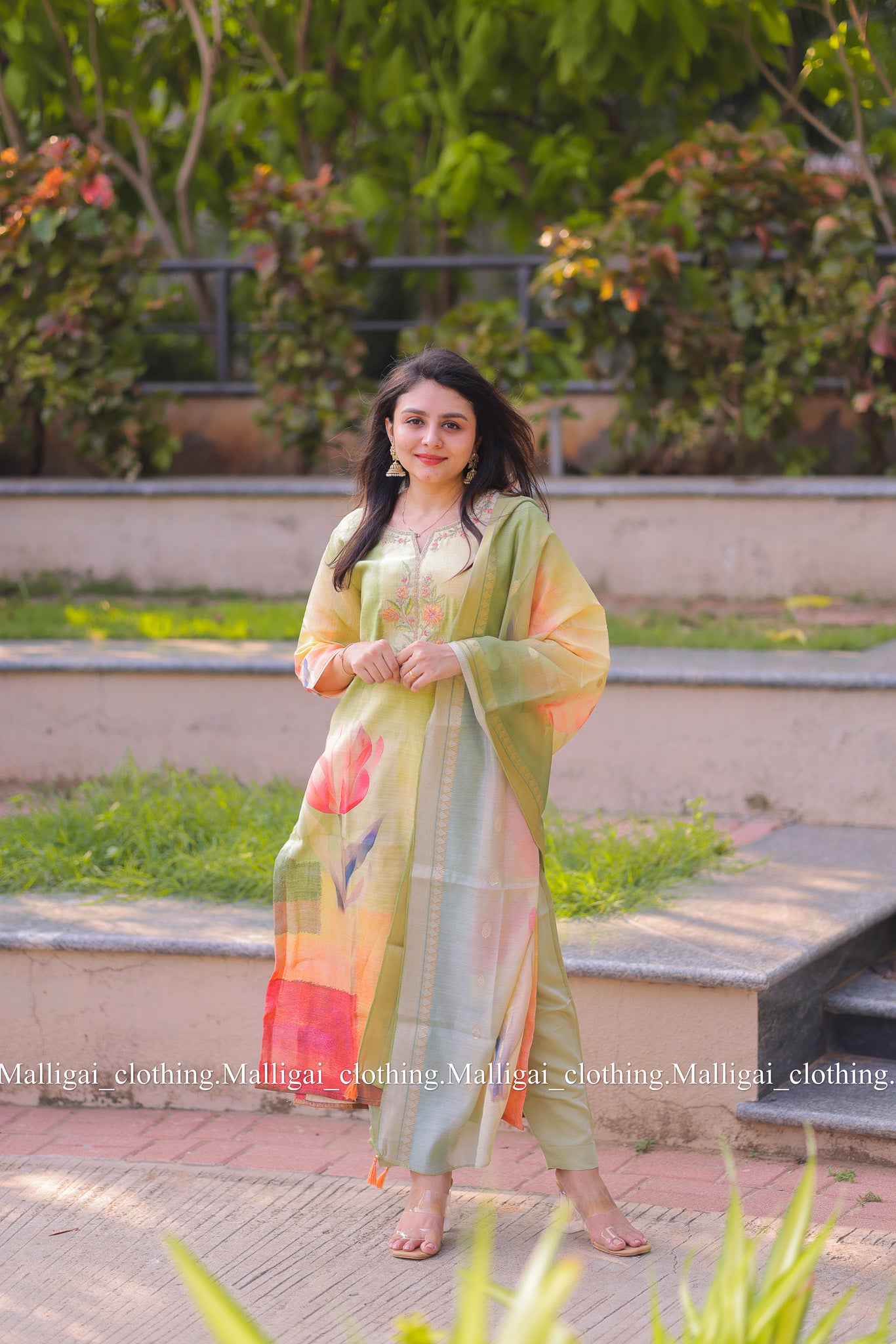 Rainbow Silk Slub salwar suit - Light Green