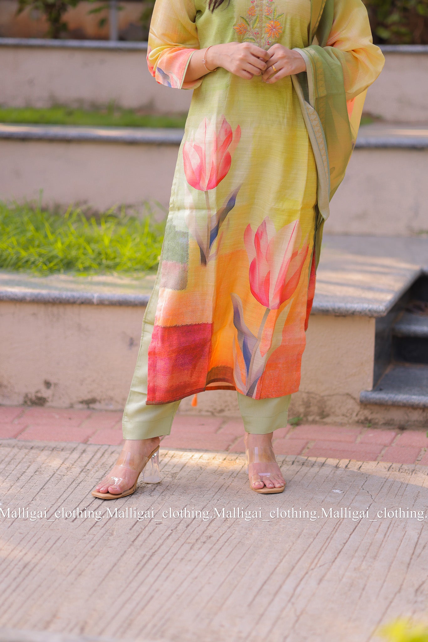 Rainbow Silk Slub salwar suit - Light Green