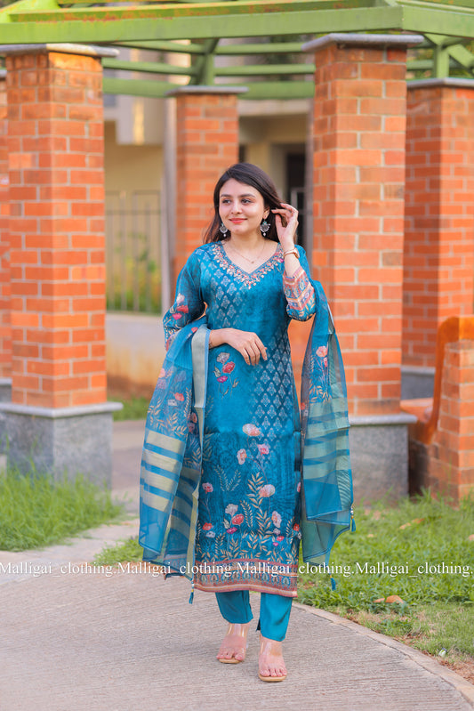 Shimmer tissue salwar with hand work - Blue