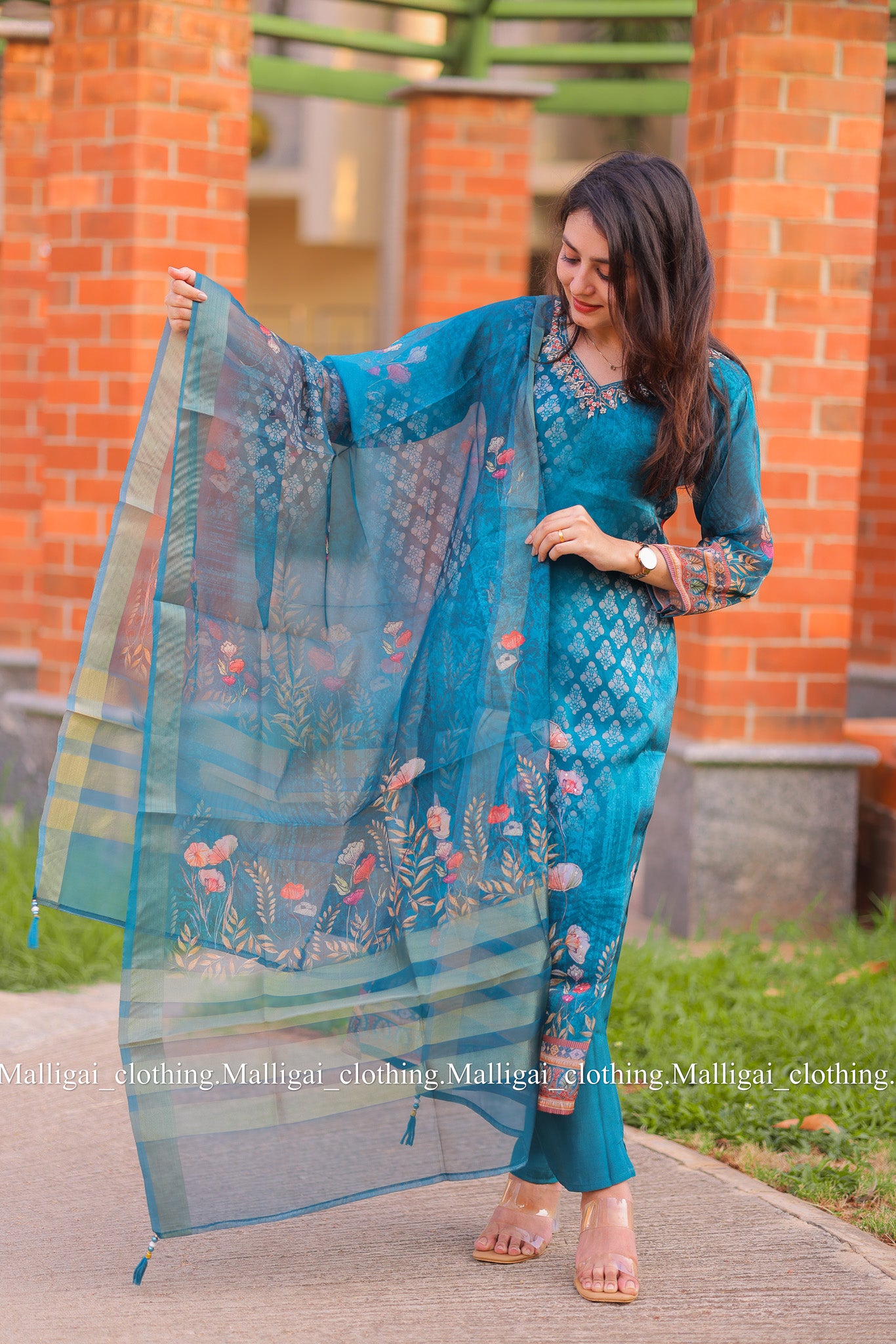 Shimmer tissue salwar with hand work - Blue