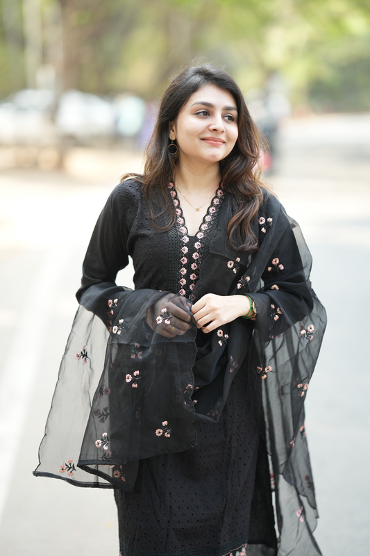 Black Embroidered Cotton Blend - Straight Salwar Suit