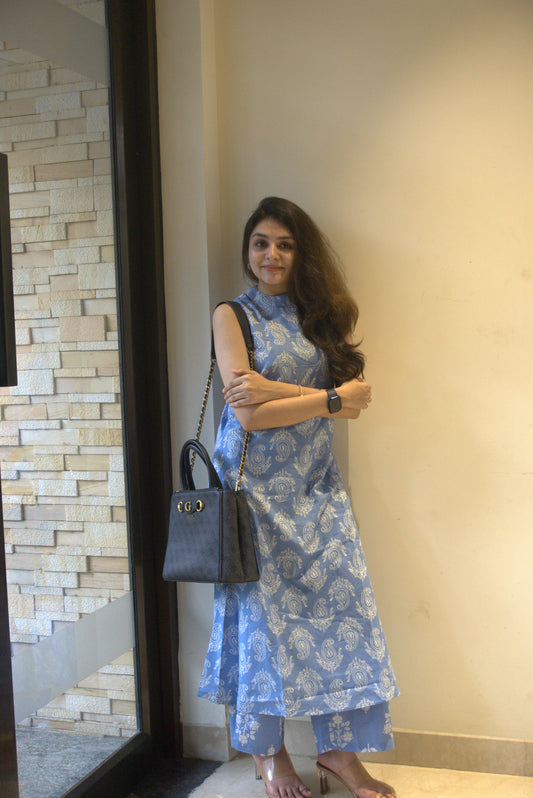 Cotton Kurta set - Blue- 2 piece sleeveless