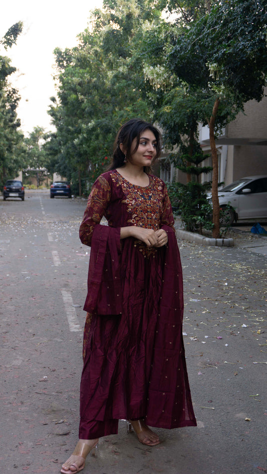 Maroon - Pure Silk - Heavy Embroidery with hand work 3 piece salwar suit
