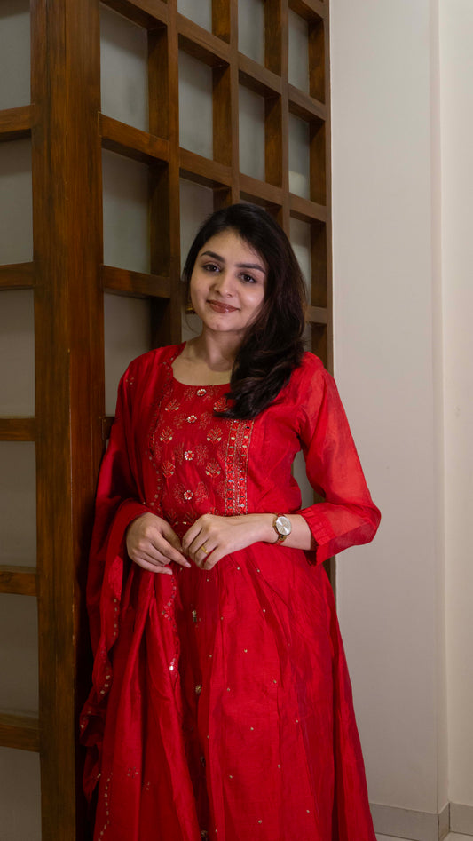 Red 3 piece salwar suit - SILK