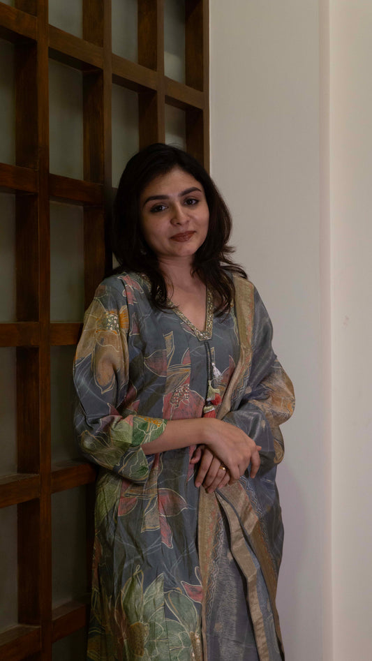 Grey 3 piece - Pure Silk Salwar Suit