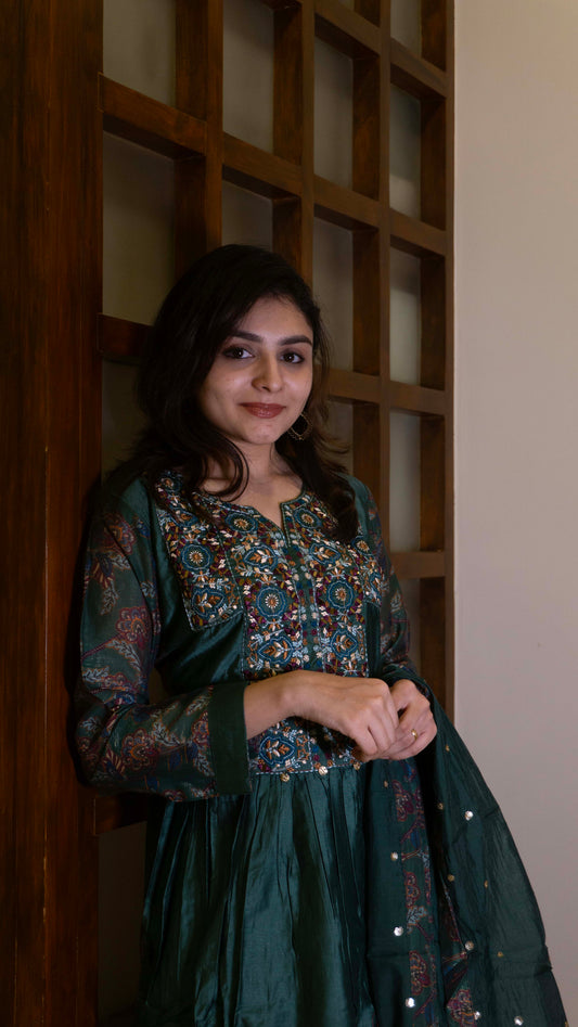 Dark Green - Pure Silk - Heavy Embroidery with hand work 3 piece salwar suit