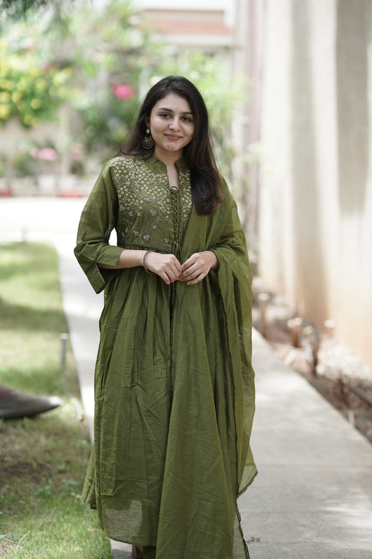 Bottle Green Chanderi Silk - 3 Piece Salwar Suit with Lining