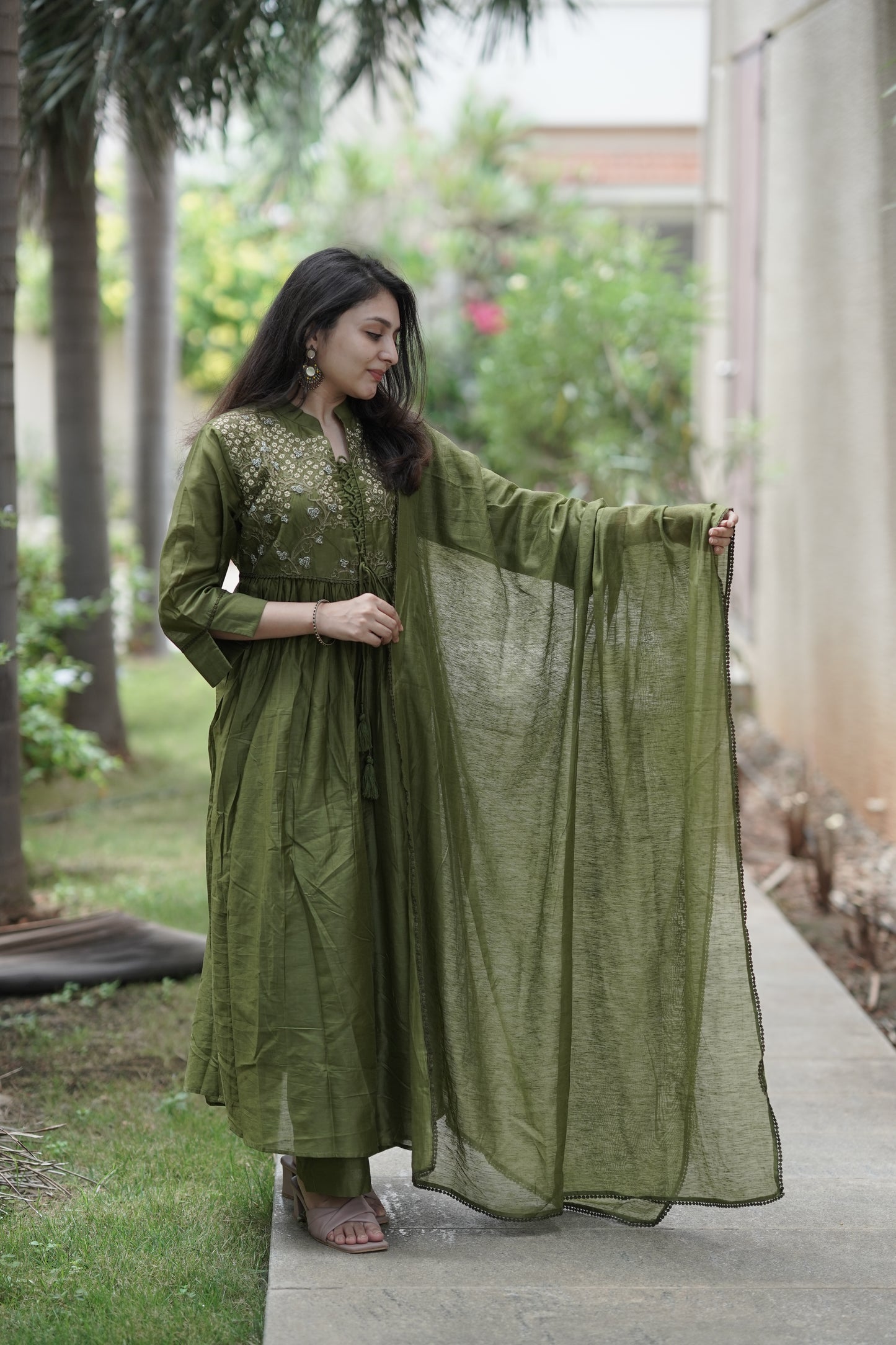 Bottle Green Chanderi Silk - 3 Piece Salwar Suit with Lining