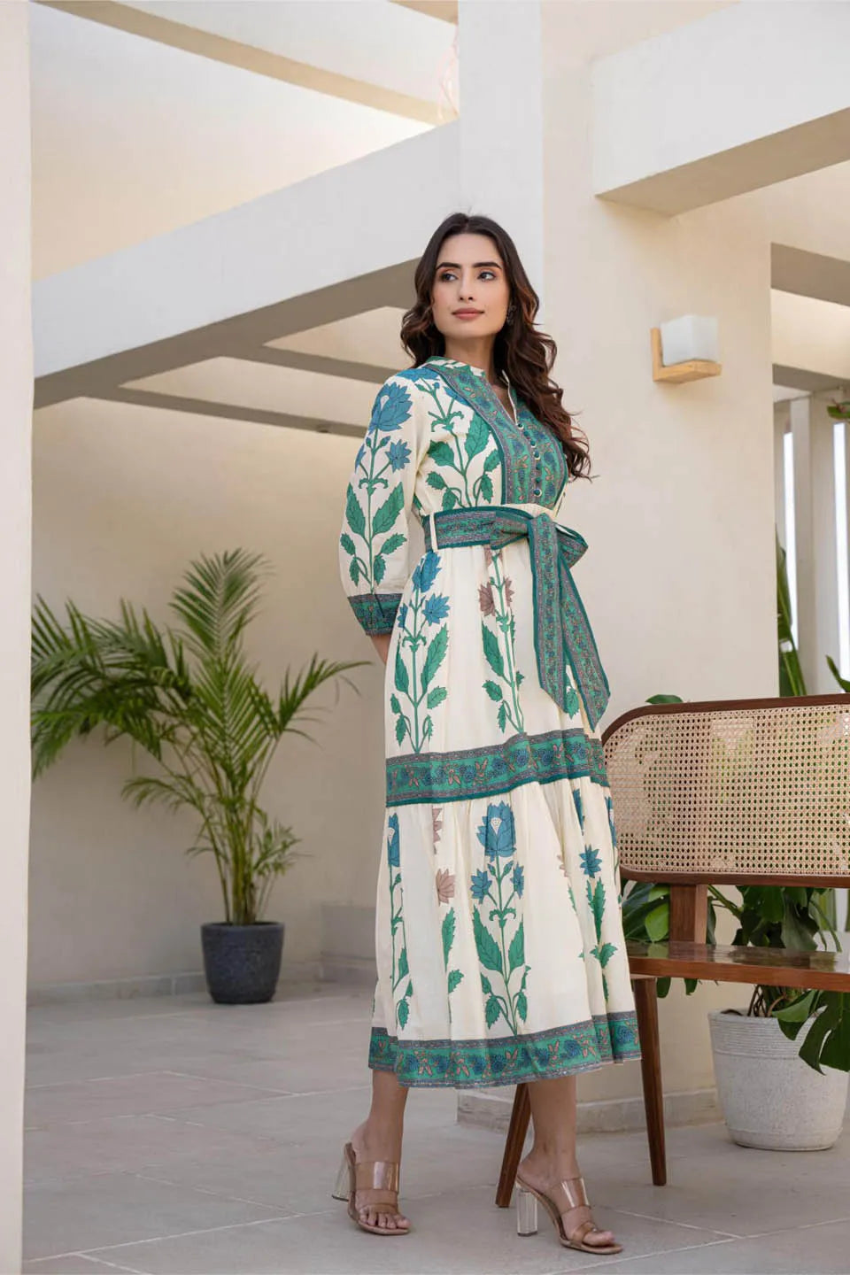 Cotton Long Dress with Printed Design and Belt