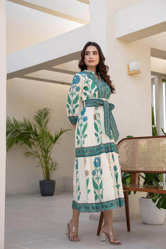 Cotton Long Dress with Printed Design and Belt
