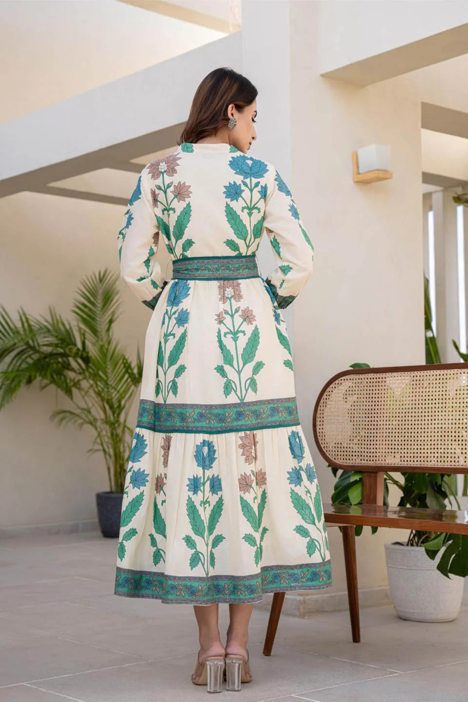 Cotton Long Dress with Printed Design and Belt