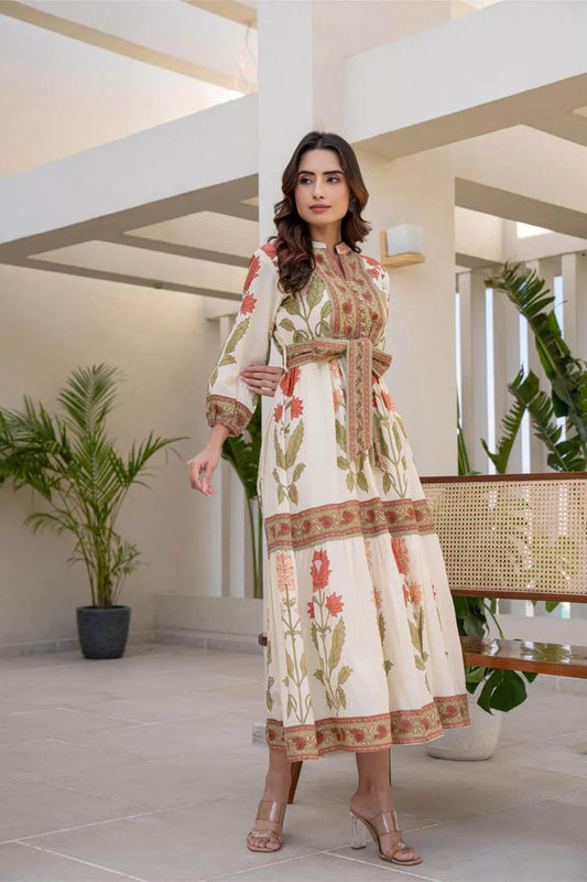 Cotton Long Dress with Printed Design and Belt