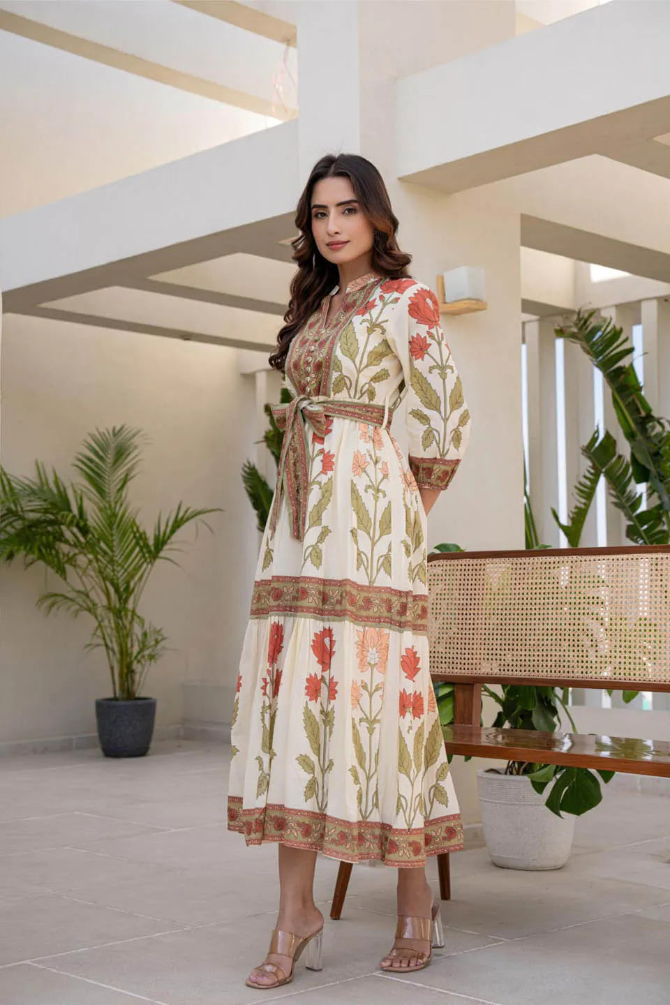 Cotton Long Dress with Printed Design and Belt
