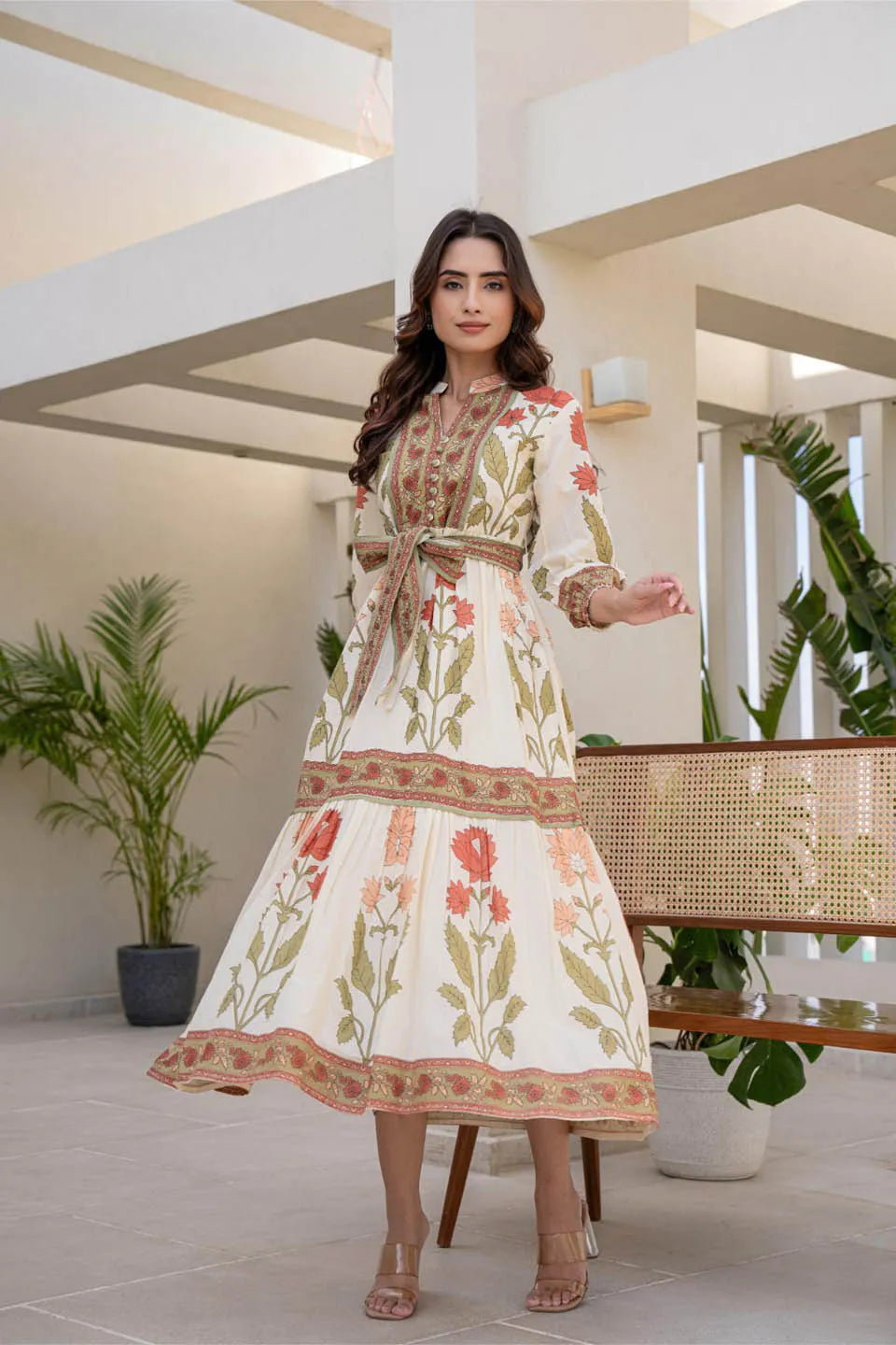 Cotton Long Dress with Printed Design and Belt