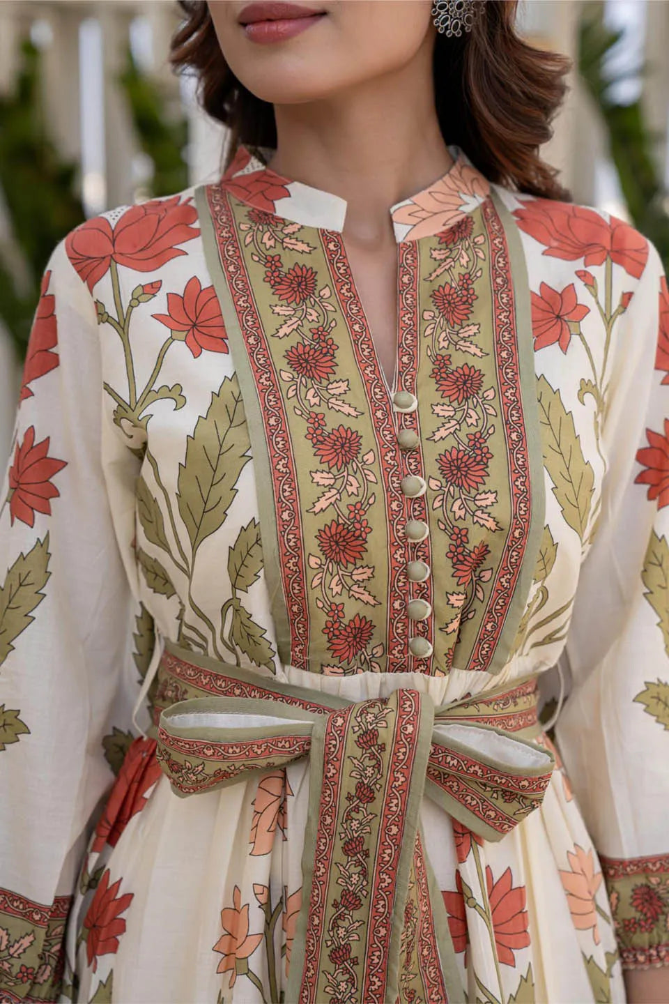 Cotton Long Dress with Printed Design and Belt