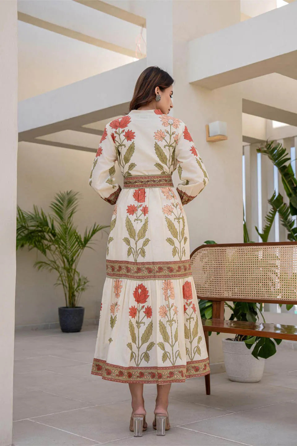 Cotton Long Dress with Printed Design and Belt