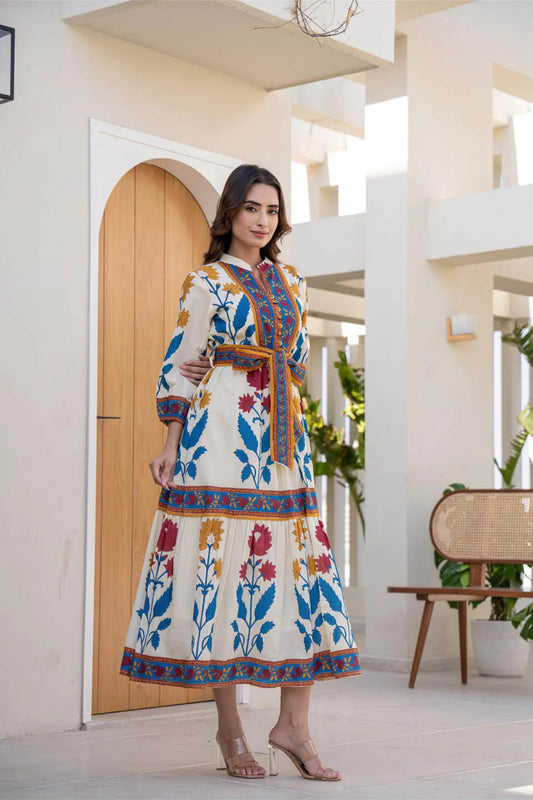 Cotton Long Dress with Printed Design and Belt