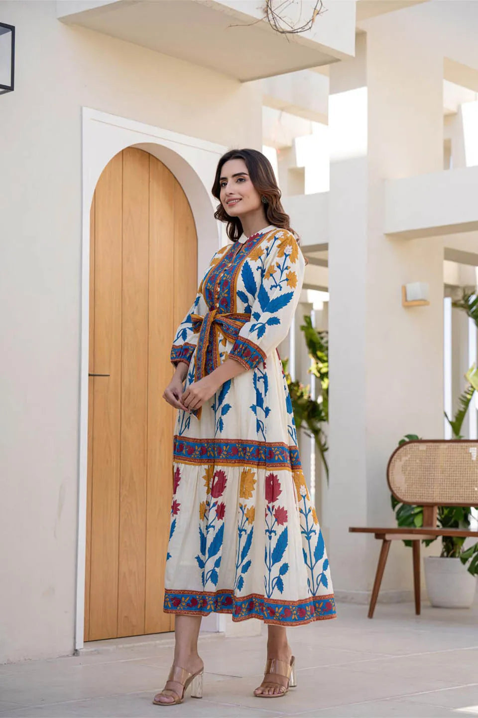 Cotton Long Dress with Printed Design and Belt