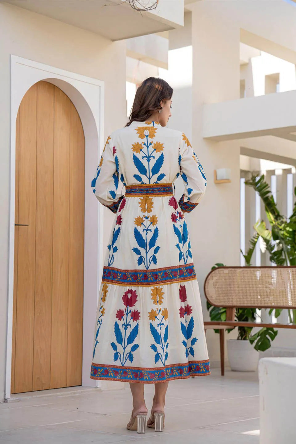 Cotton Long Dress with Printed Design and Belt
