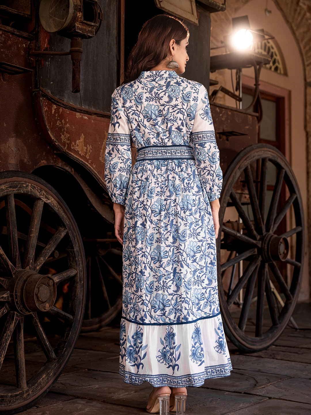 Cotton Long Dress with Printed Design and Belt