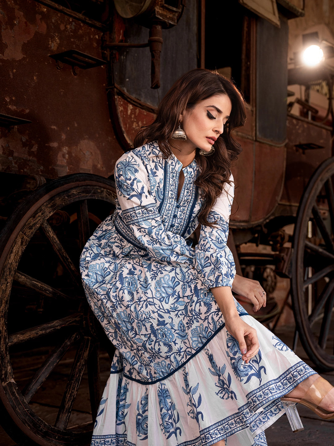 Cotton Long Dress with Printed Design and Belt