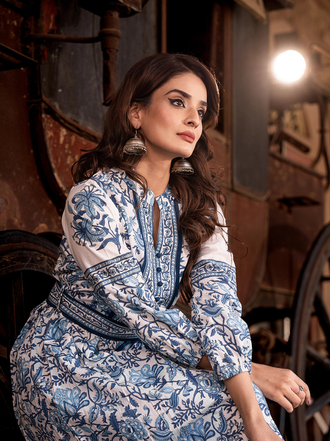 Cotton Long Dress with Printed Design and Belt