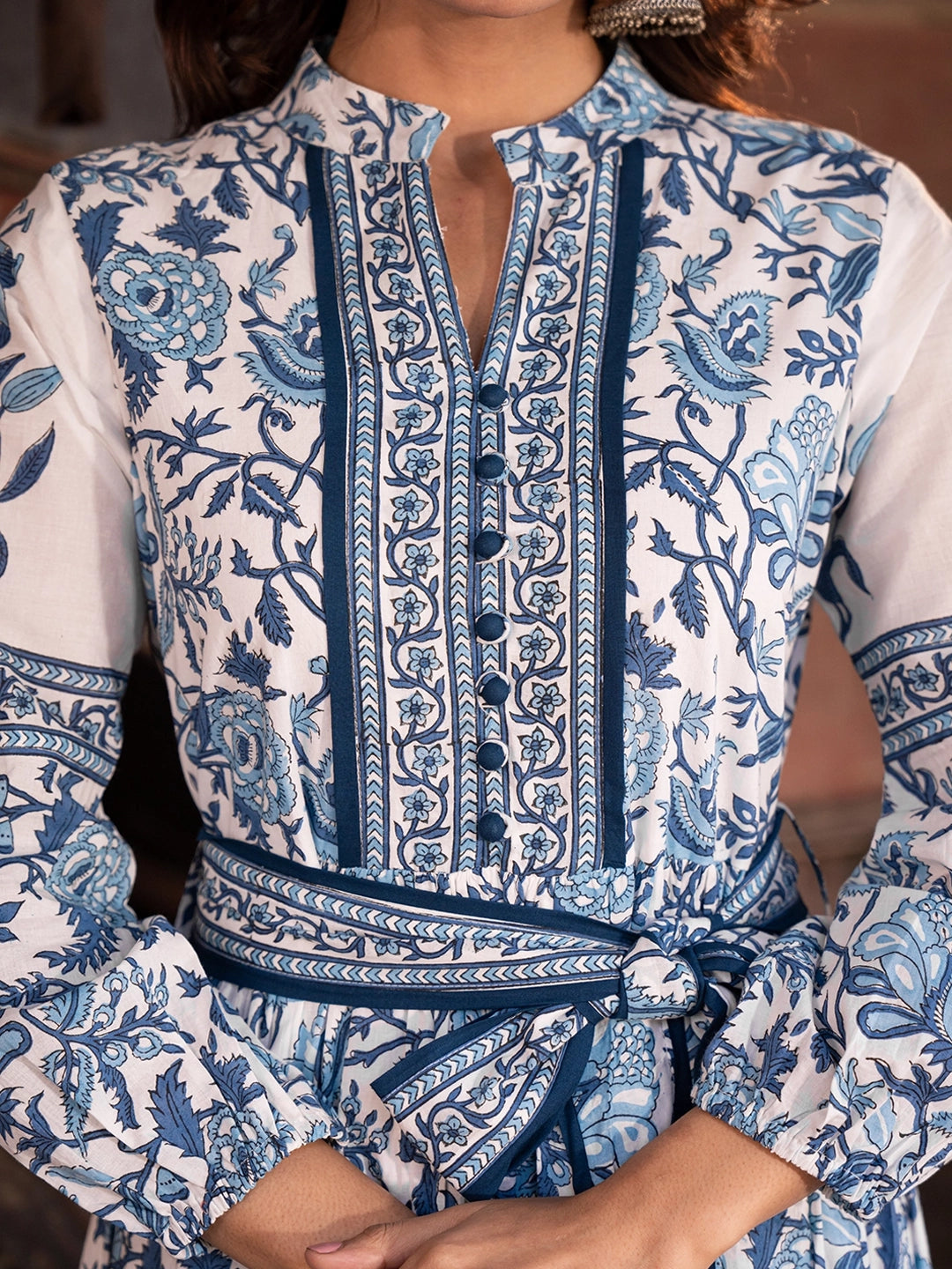 Cotton Long Dress with Printed Design and Belt