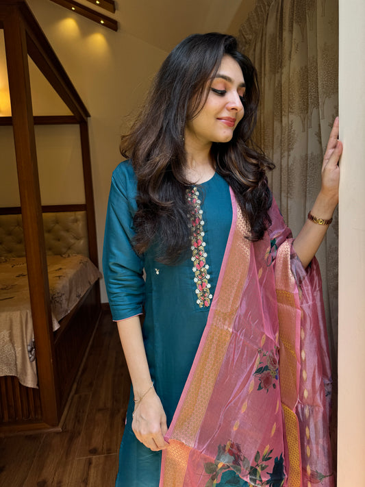 Roman Silk 3 Piece Salwar Suit - Blue and Pink