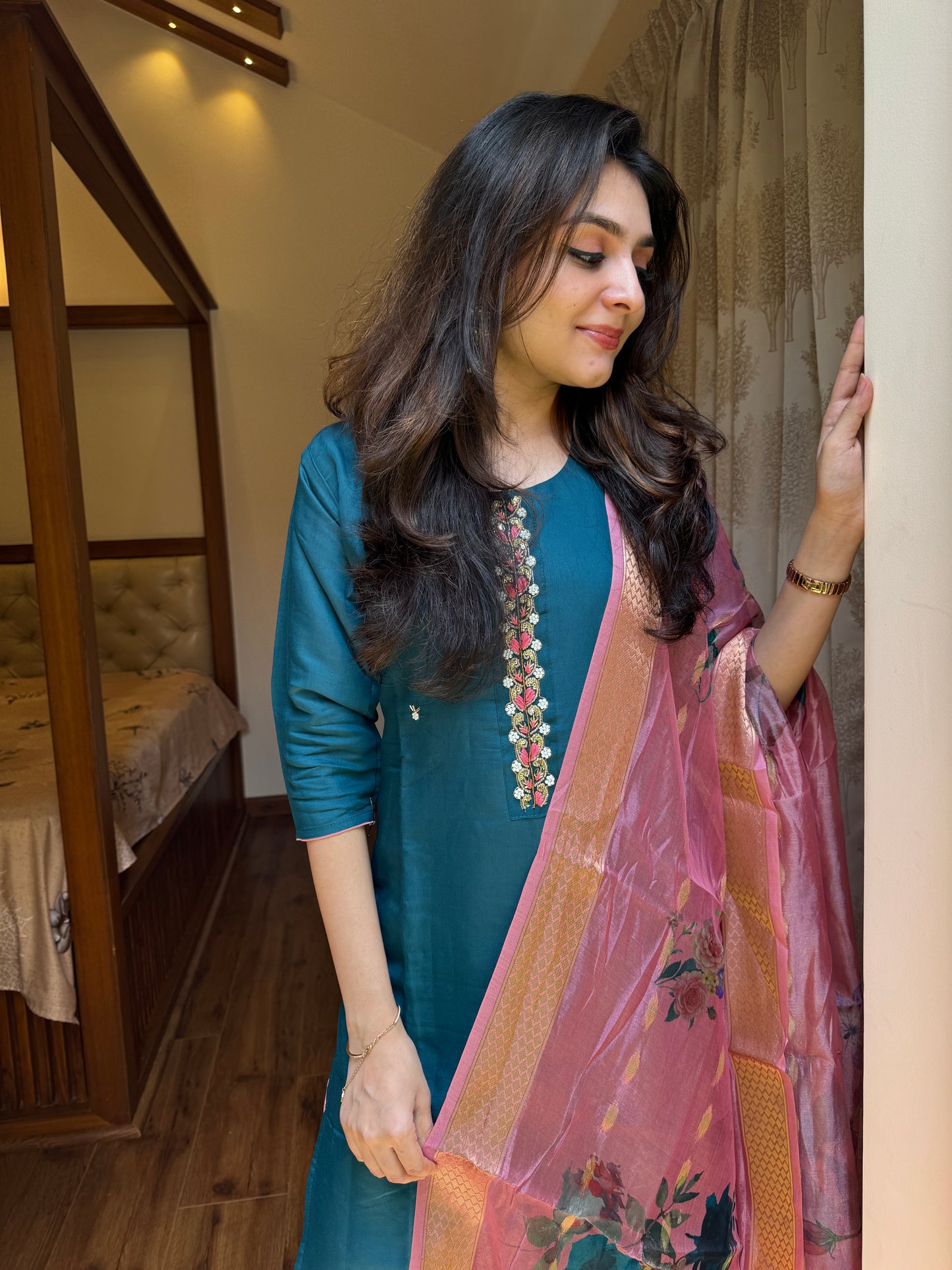 Roman Silk 3 Piece Salwar Suit - Blue and Pink