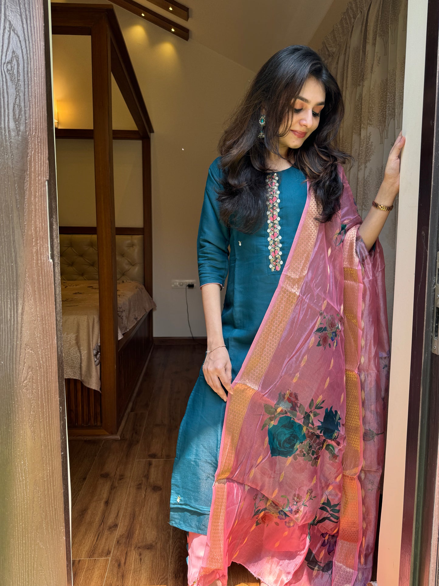 Roman Silk 3 Piece Salwar Suit - Blue and Pink