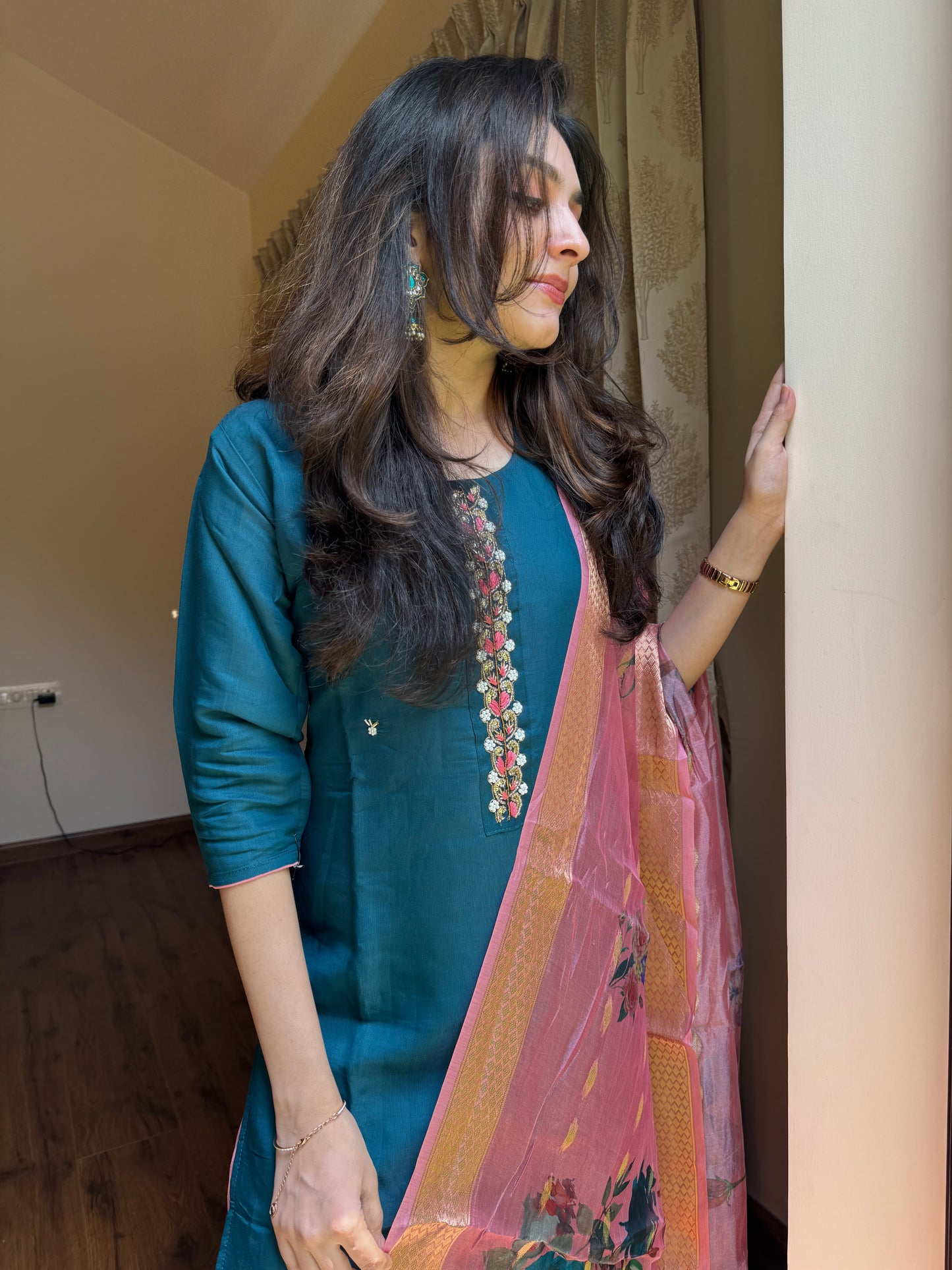 Roman Silk 3 Piece Salwar Suit - Blue and Pink