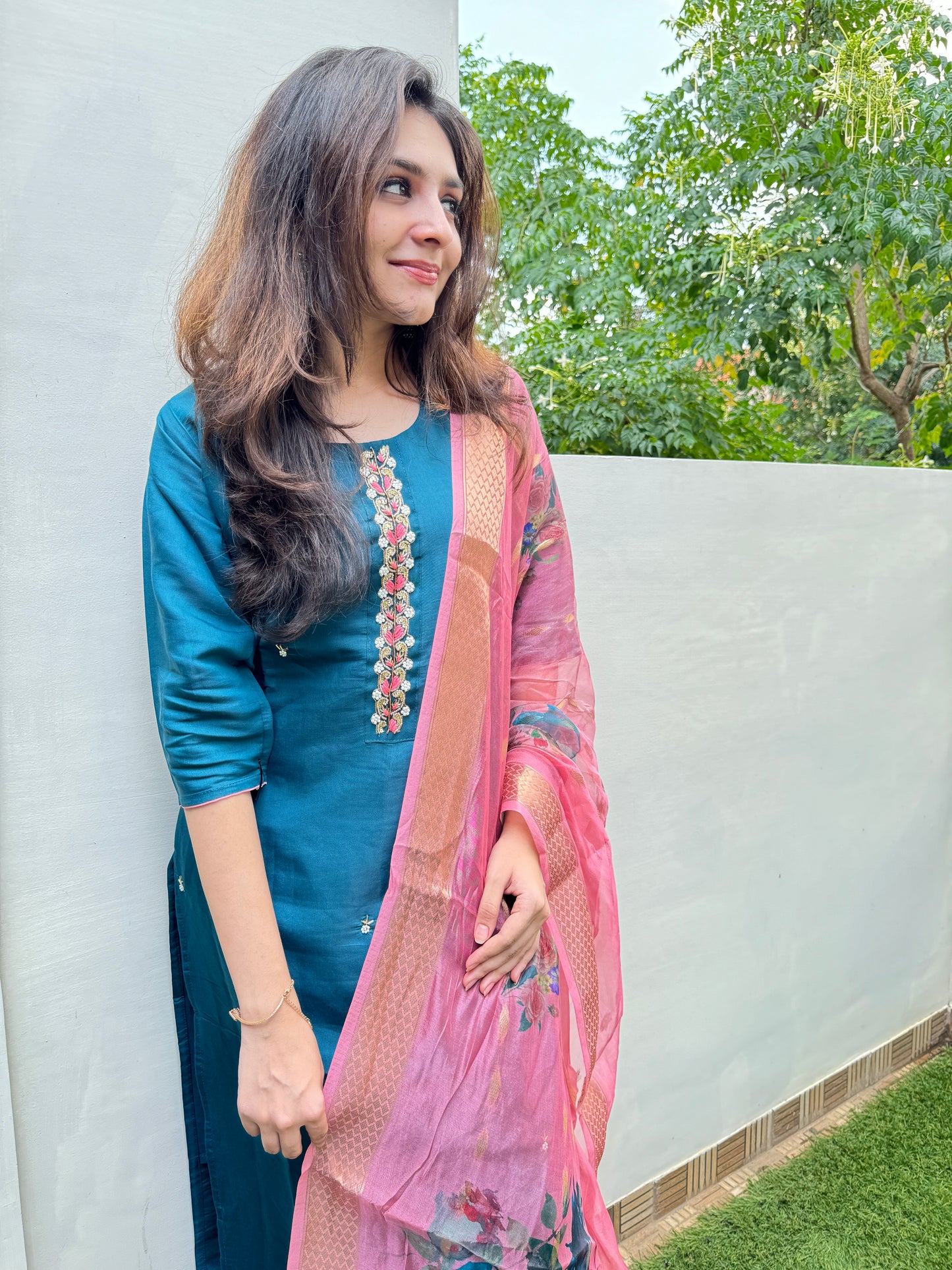 Roman Silk 3 Piece Salwar Suit - Blue and Pink