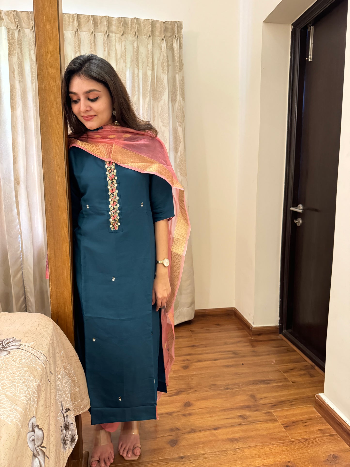 Roman Silk 3 Piece Salwar Suit - Blue and Pink