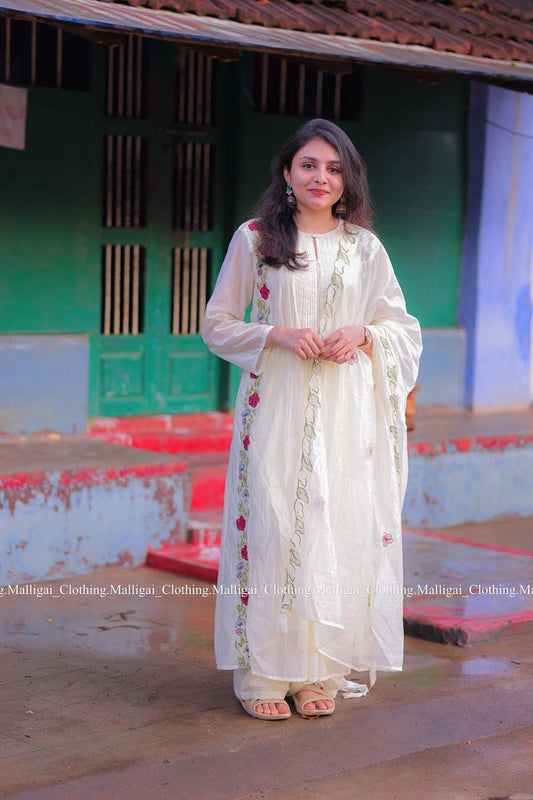 White Chanderi Silk - 3 Piece Salwar Suit with Lining