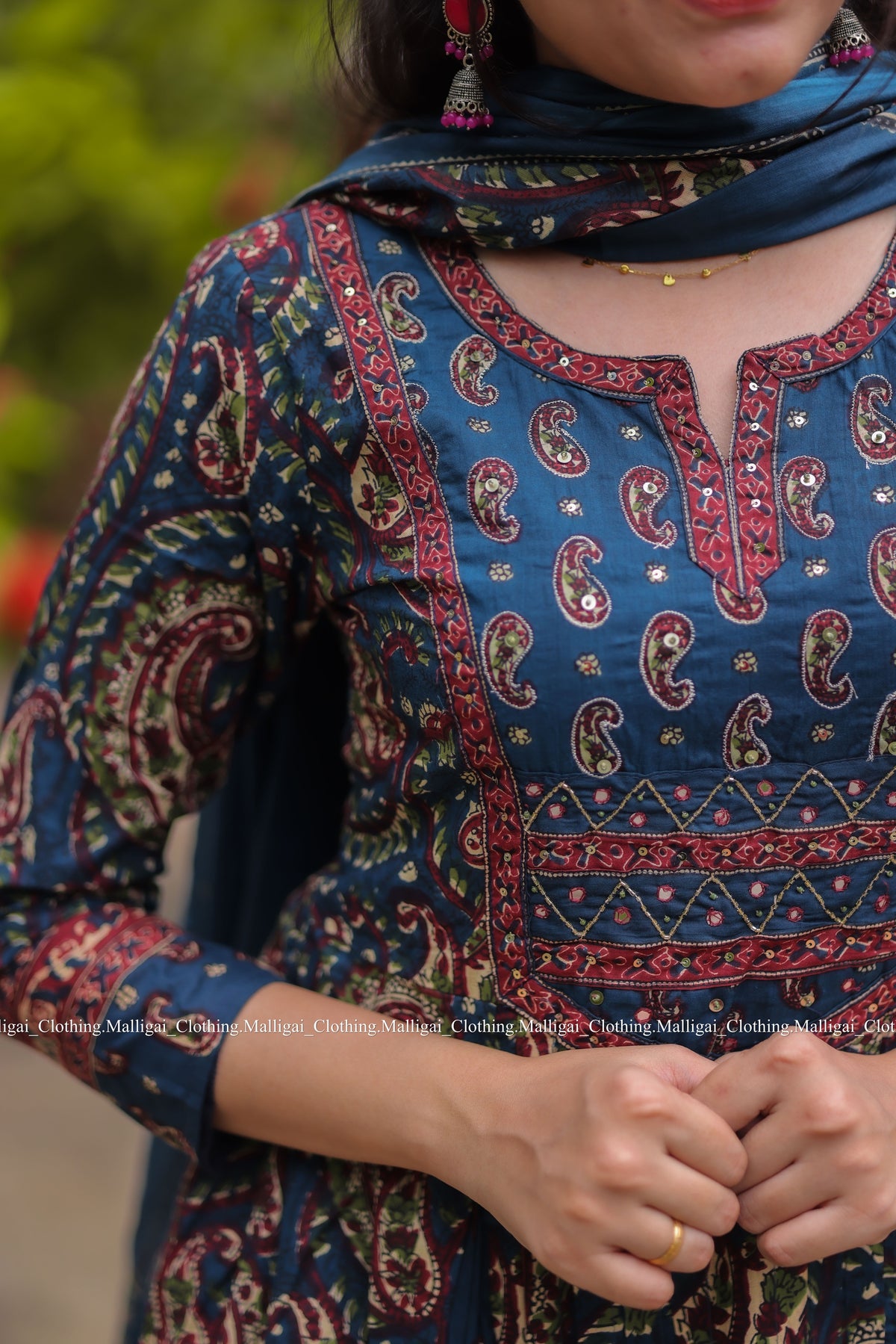 Floral Printed Anarkali Pure Cotton Kurta with Palazzos and Dupatta - Blue