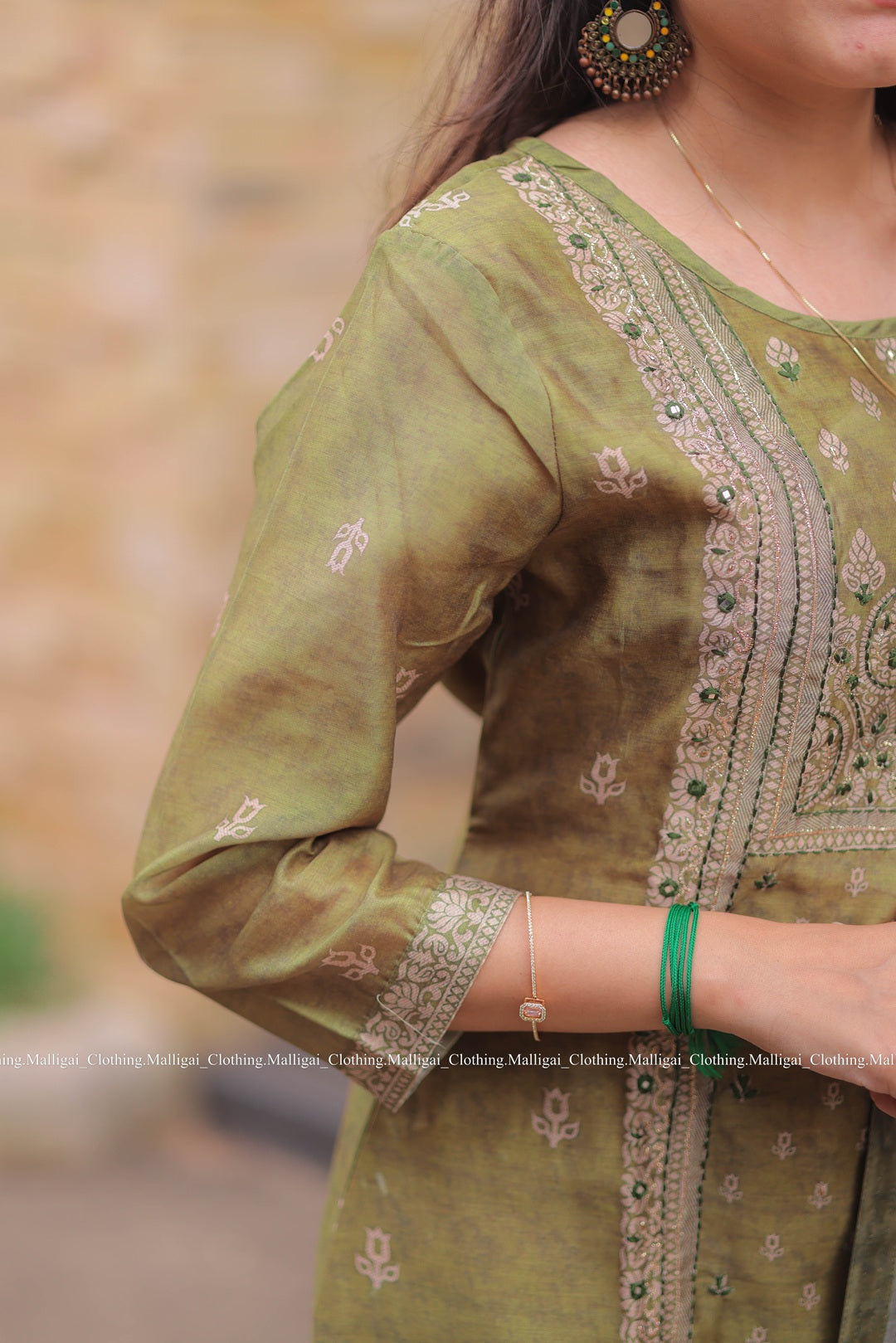 Bottle Green Silk Handloom Salwar Suit Set with Top, Pant and Dupatta with Pockets