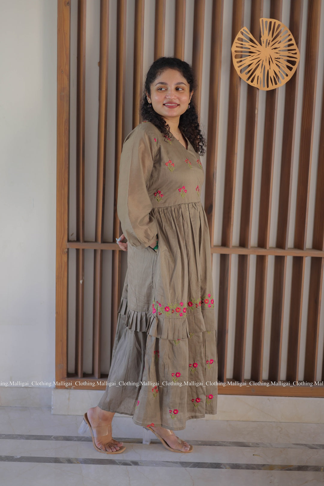 Chanderi Silk Long Dress with floral embroidery pattern