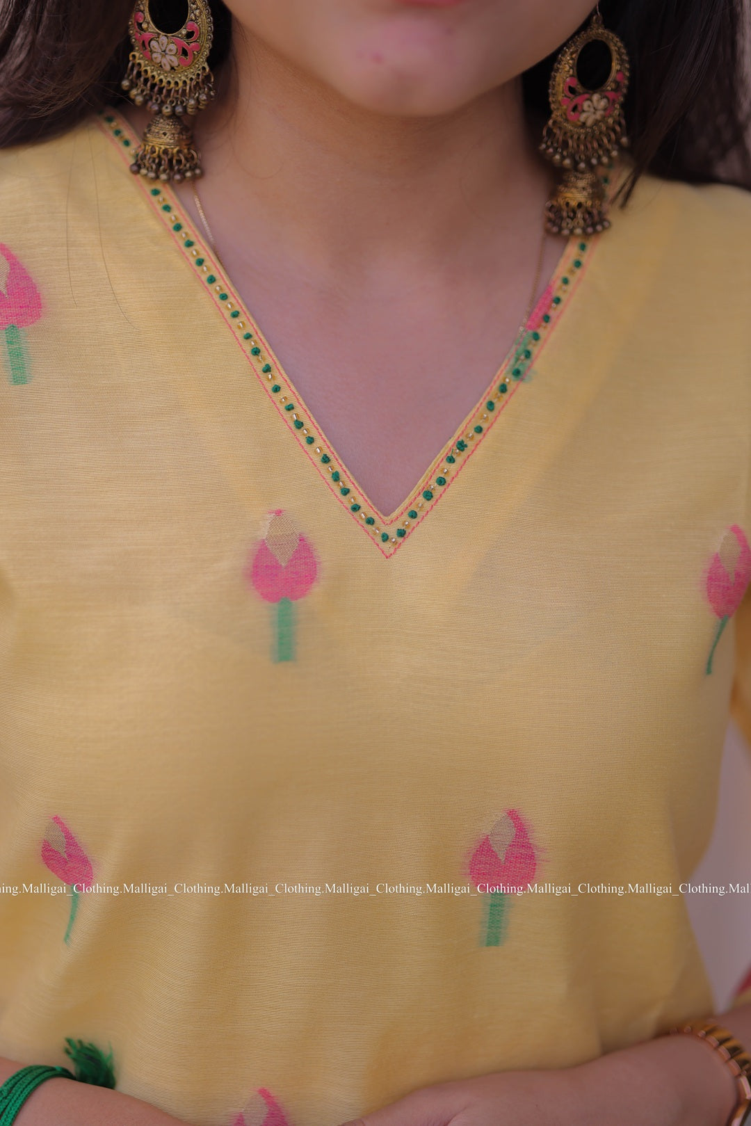 Jamdani Handloom Salwar Suit Set with Top, Pant and Dupatta with Pockets - Yellow