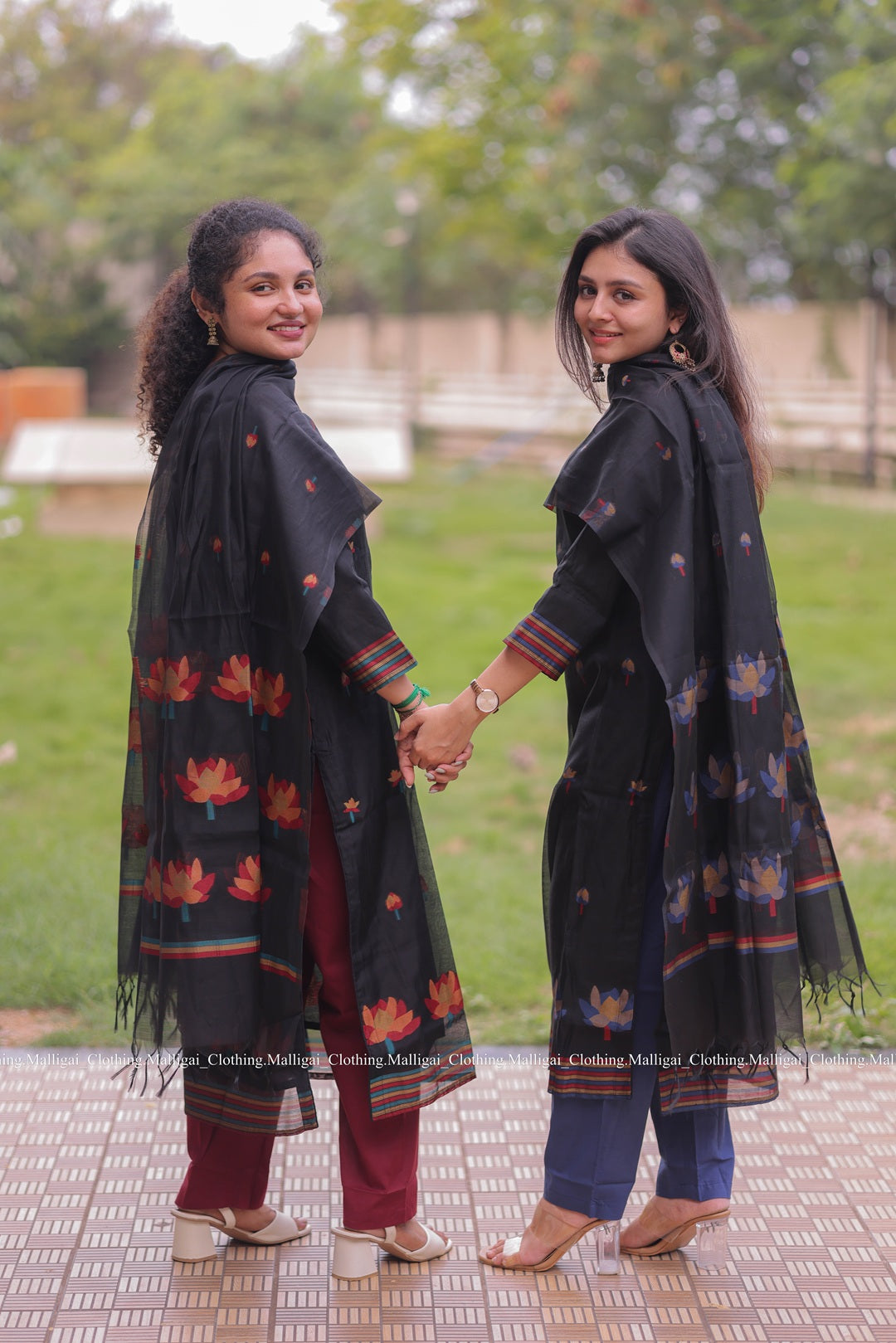 Jamdani Handloom Salwar Suit Set with Top, Pant and Dupatta with Pockets - Black and Blue