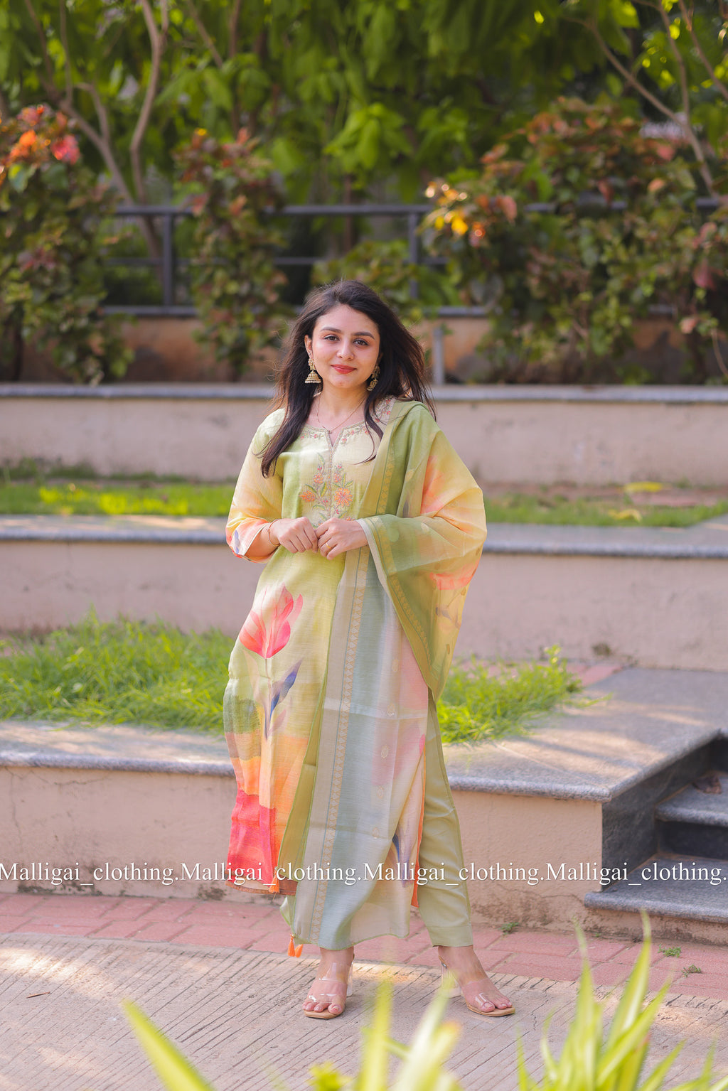 Rainbow Silk Slub salwar suit - Light Green