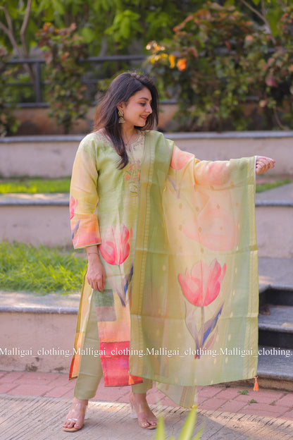 Rainbow Silk Slub salwar suit - Light Green