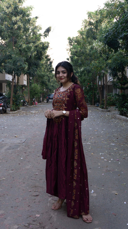 Maroon - Pure Silk - Heavy Embroidery with hand work 3 piece salwar suit