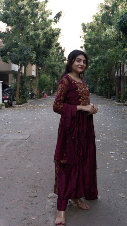 Maroon - Pure Silk - Heavy Embroidery with hand work 3 piece salwar suit