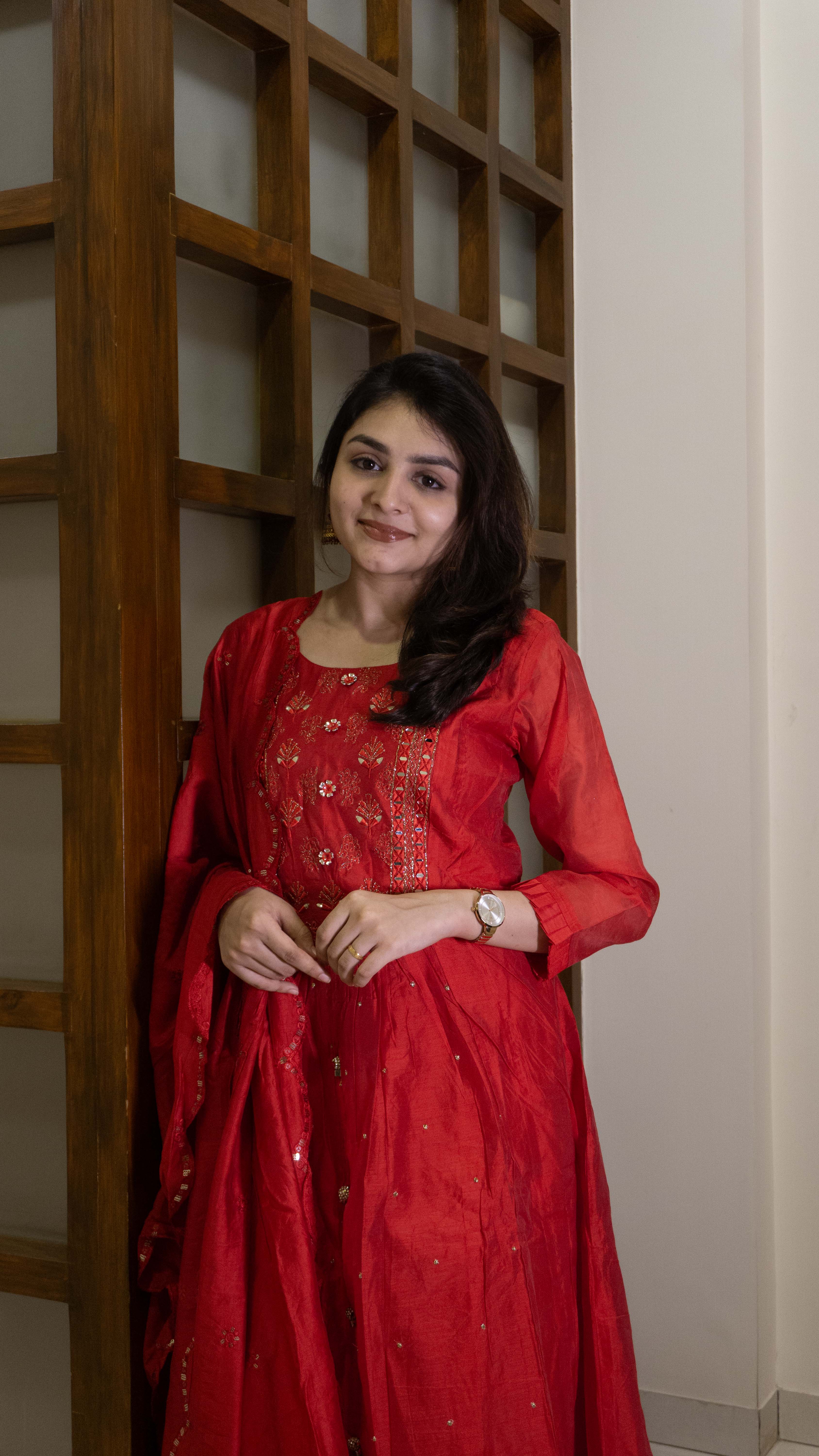Red 3 piece salwar suit - SILK