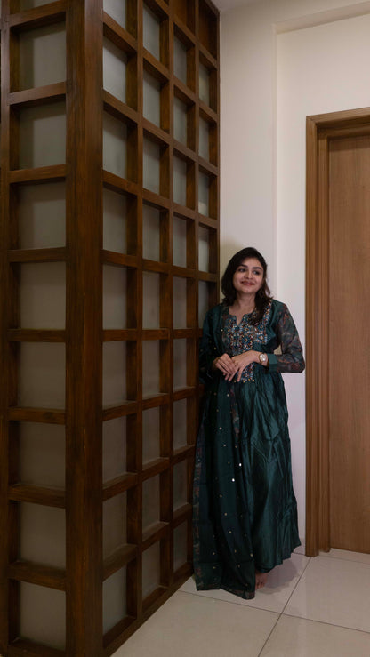 Dark Green - Pure Silk - Heavy Embroidery with hand work 3 piece salwar suit