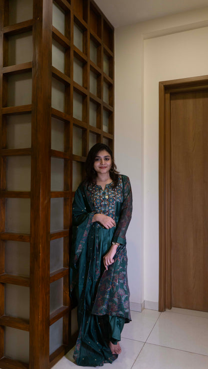 Dark Green - Pure Silk - Heavy Embroidery with hand work 3 piece salwar suit