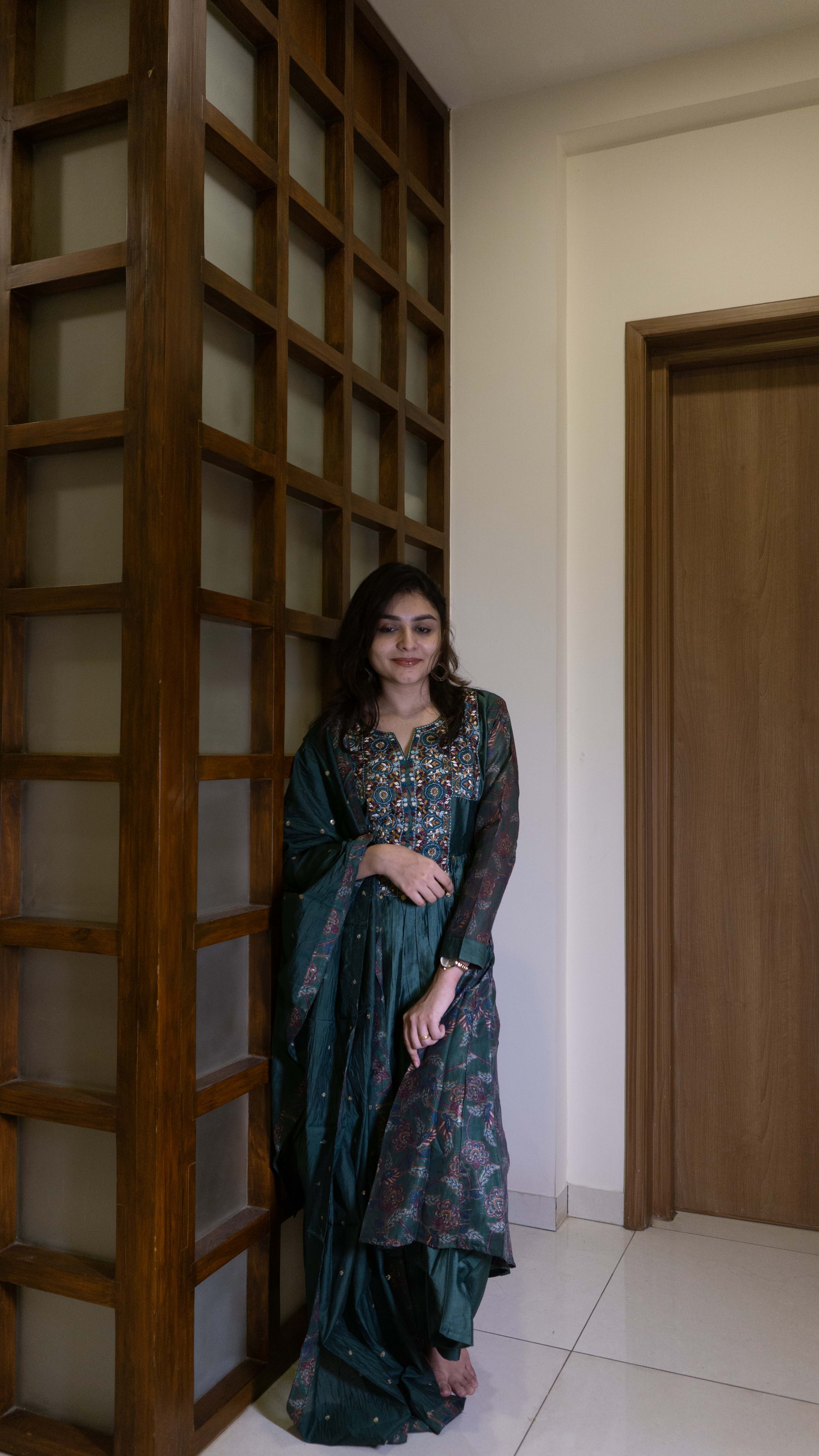Dark Green - Pure Silk - Heavy Embroidery with hand work 3 piece salwar suit