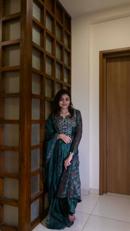 Dark Green - Pure Silk - Heavy Embroidery with hand work 3 piece salwar suit