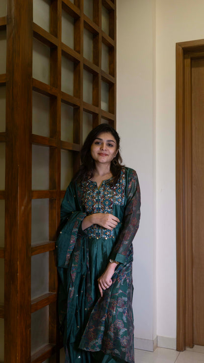 Dark Green - Pure Silk - Heavy Embroidery with hand work 3 piece salwar suit